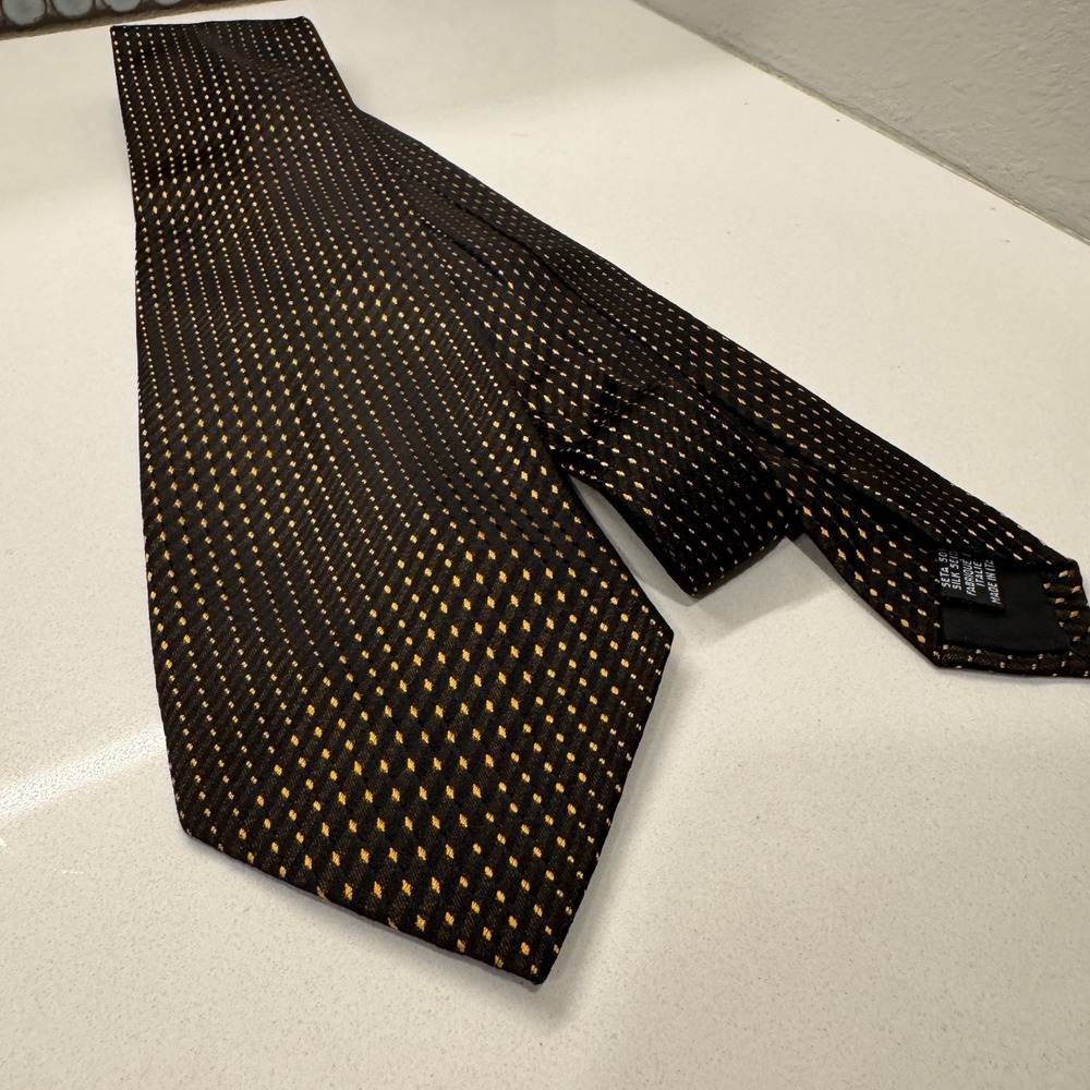 Vintage Hugo Boss Tie Black Gold Geometric Micro Diamond Pattern Italy Old Money